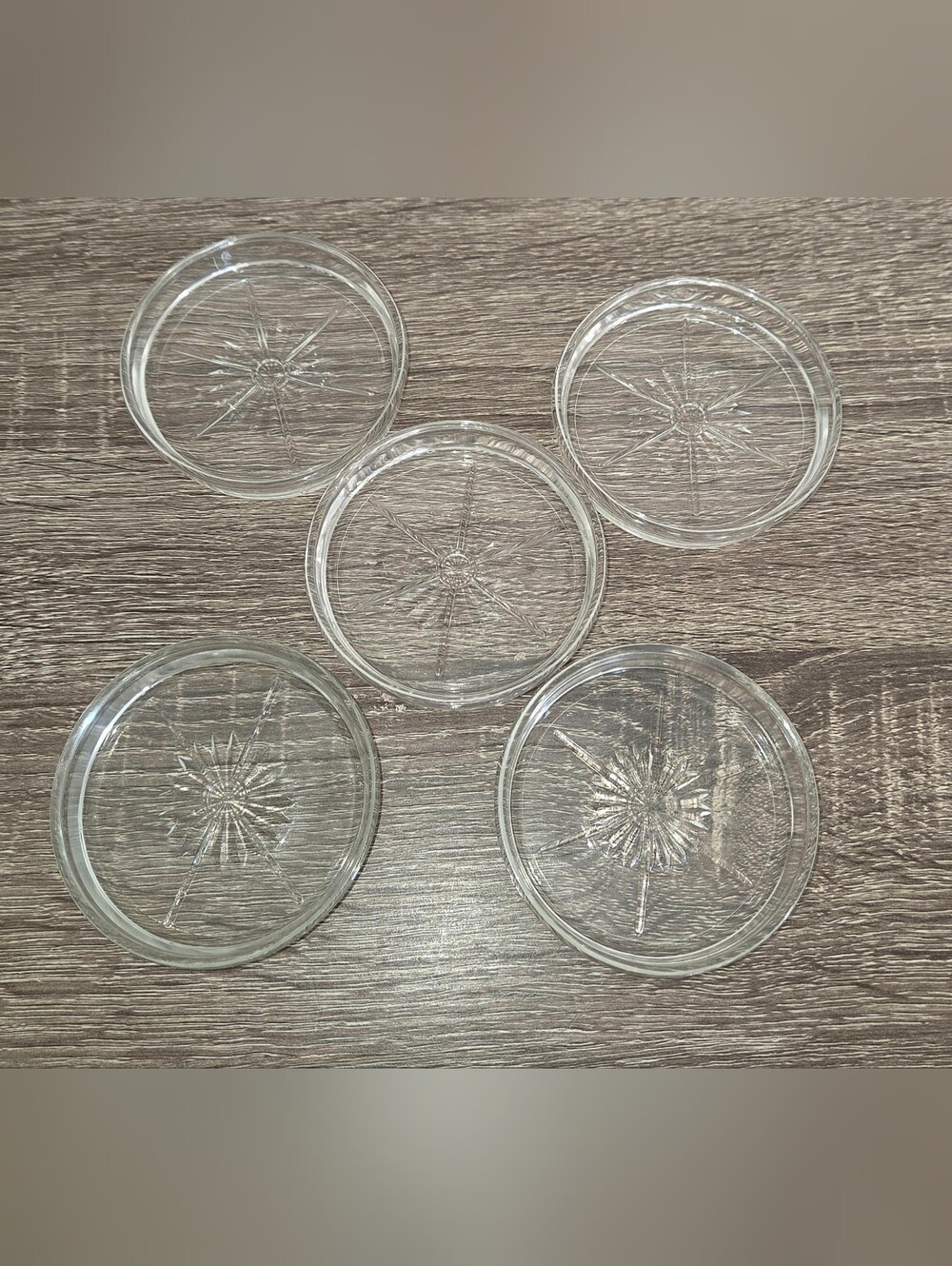 Set of 5 Vintage Federal Starburst Glass Clear Coasters 3 1/4".